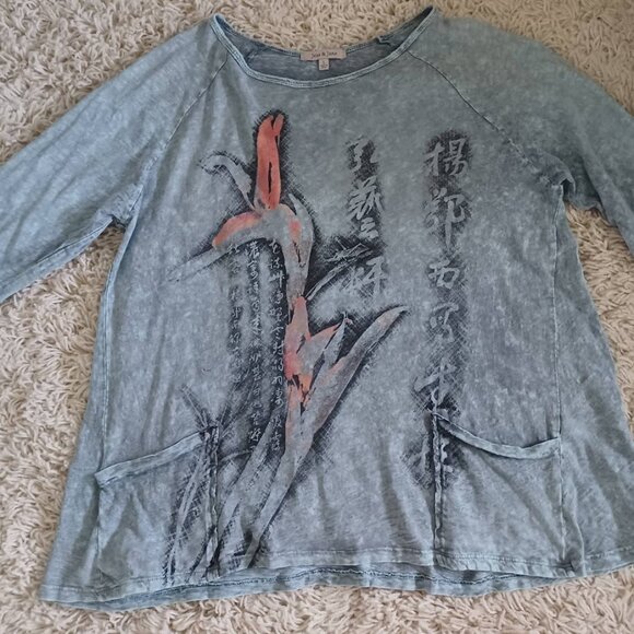 Jess & Jane L Made n USA Mineral Wash Tunic Top Blue Gray Floral Asian Y2K Retro - Picture 2 of 6